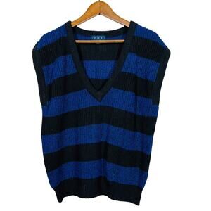 Vintage 90s OHI Sweater Vest Blue Black Stripe Knit - L